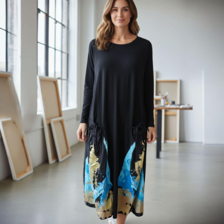 Rochie neagra midi cu imprimeu artistic albastru si auriu lejera si moderna [3]