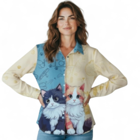 Camasi satin - Camasa cu maneci lungi si   cu imprimeu pisici scumpe