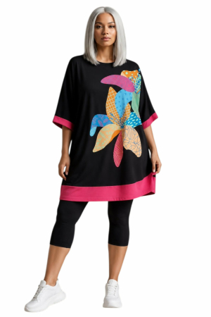Bluze sezon cald - Bluza din bumbac pentru marime mare cu imprimeu colorat si pietre argintii
