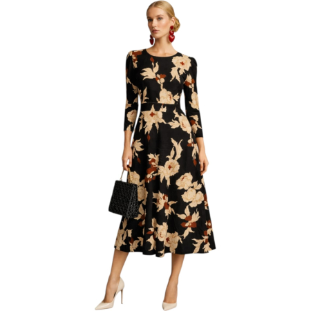 Rochii poliester & rochii satin - Rochie midi fond negru cu imprimeu floral crem