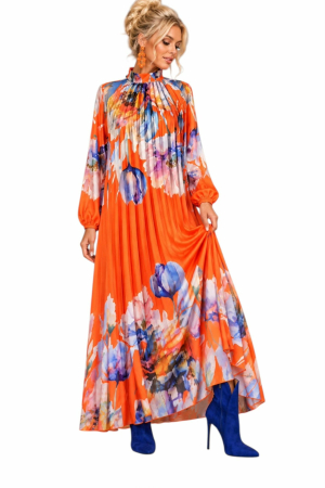 Rochii satin - Rochie lunga plisata  din satin  cu imprimeu floral