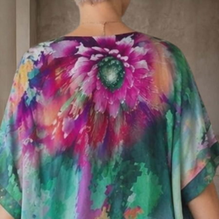 Rochie tip poncho pe fond verde cu imprimeu floral [2]