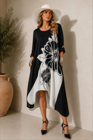 Rochii lycra & poliester & voal - Rochie asimetrica pentru marime mare in alb si negru cu pietre argintii