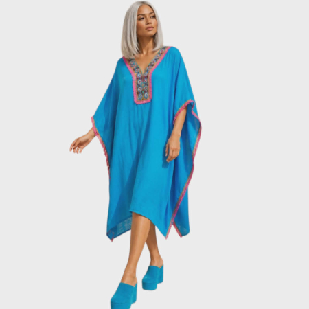 Rochii tip poncho/ kaftan - Kaftan amplu trei sferturi albastru   din vascoza cu ciucuri colorate pe margini