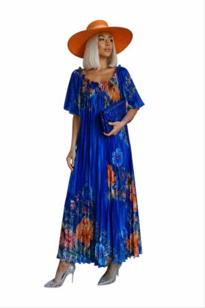 Rochii lycra & poliester & voal - Rochie lunga plisata cu imprimeu floral cu elastic la decolteu