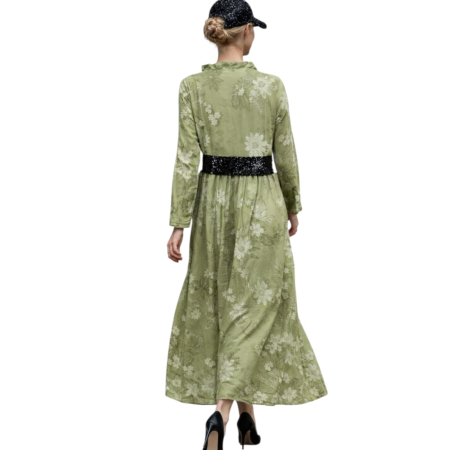 Rochie lejera din bumbac verde praz cu imprimeu floral si paiete [2]