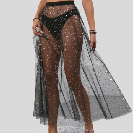 Fuste tulle - Fusta lunga  din tulle negru transparent cu stelute