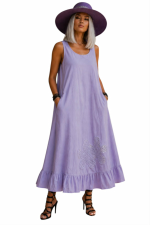 Compleu roz din bumbac si model din macrame si paiete argintii [2]