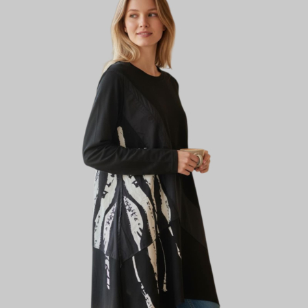 Rochie din bumbac asimetrica cu model alb in partea dreapta si buzunare laterale [1]