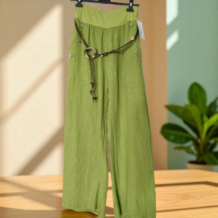 Pantaloni in - Pantaloni din In Croi Larg si Cordon Catarama Lemn