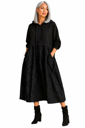 Rochii bumbac - Rochie tip hanorac din bumbac si dantela florala cu buzunare