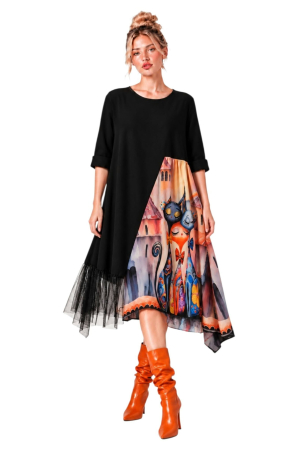 Rochii bumbac - Rochie din bumbac si satin cu imprimeu familie pisici scumpe