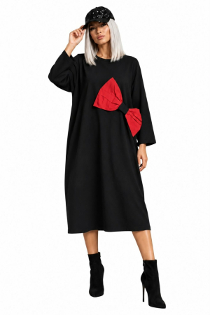 Rochii bumbac - Rochie din bumbac pe fond negru si funda supradimensionata rosie