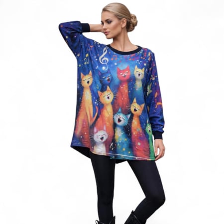 Bluze /pulovere pisica - Bluza pentru sezon rece cu imprimeu pisici cantacioase