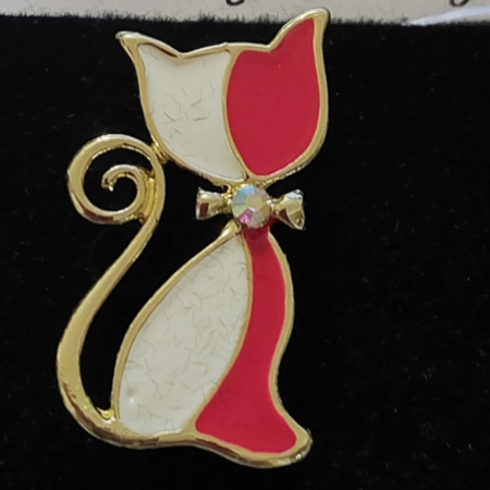 Brosa din metal inoxidabil auriu in forma de pisica in alb si rosu [1]