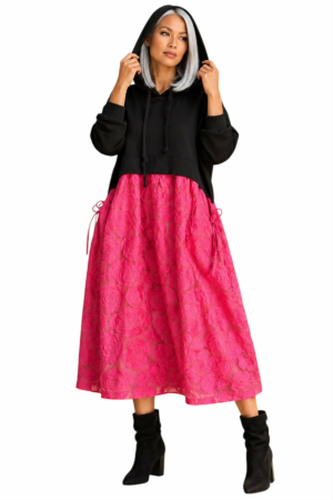 Rochii bumbac - Rochie tip hanorac din bumbac si dantela florala cu buzunare