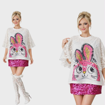 Bluza bumbac - Bluza alba cu dantela alba tip pelerina cu imprimeu iepuras cupaiete