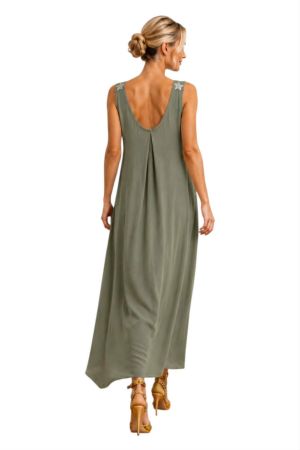Rochie din bumbac verde kaki cu bretele si telute cu sclipici pe umeri [1]