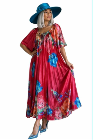 Rochii lycra & poliester & voal - Rochie lunga plisata cu imprimeu floral  si elastic la decolteu
