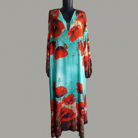 Rochii satin - Rochie Lunga Asimetrica din Matase si Vascoza cu Imprimeu Maci Supradimensionat