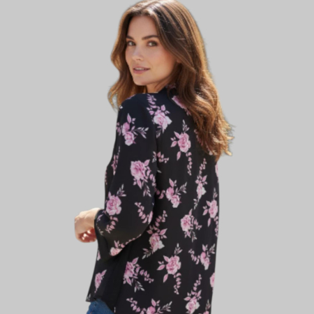 Bluza asimetrica pe fond negru cu trandafiri roz [2]