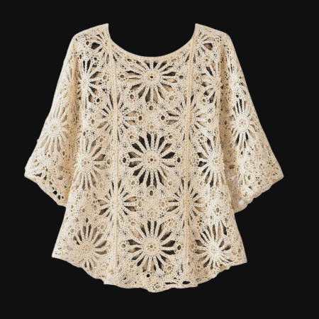 Bluza crem  din macrame tip poncho asimetrica cu paiete fine aurii [3]