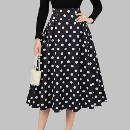 Fusta midi Eleganta cu Buline Albe pe Fundal Negru [2]