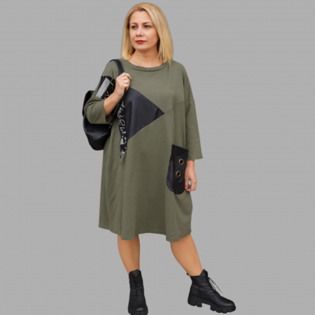 Rochii sezon rece - Rochie din Bumbac si Scai Croi Larg cu Buzunar Supradimensionat
