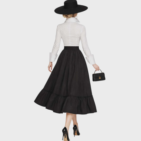 Fusta din bumbac cu imprimeu artistic si croi alb cu buzunare [1]