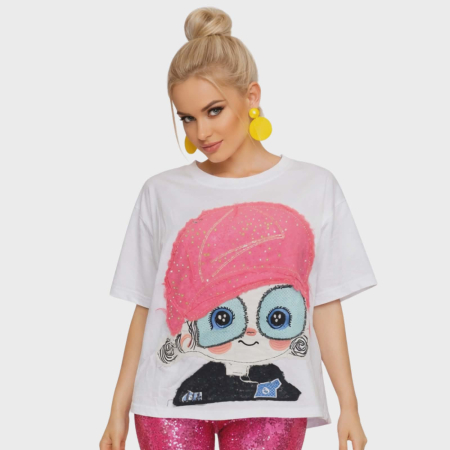 Bluze sezon cald - Bluza pe fond alb cu aspect zdrenturos si paiete