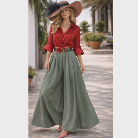 Pantaloni bumbac & vascoza & tricot & poliester - Fusta pantalon larga  din bumbac verde kaki si curea inclusa