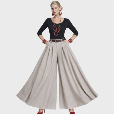 Imbracaminte - Fusta pantalon generoasa din stofa crem si centura in talie