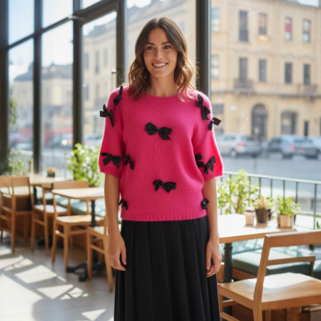Bluze tricot - Bluza din tricot ciclam si fundite din satin negre