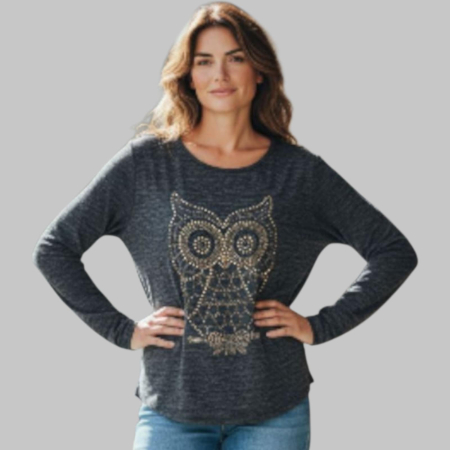 Bluze poliester - Bluza negru spicat cu bufnita din tinte aurii