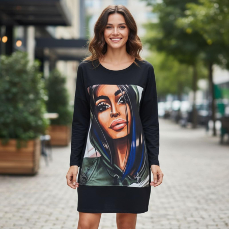 Rochii sezon rece - Rochie din bumbac pe fond negru cu desen  fata