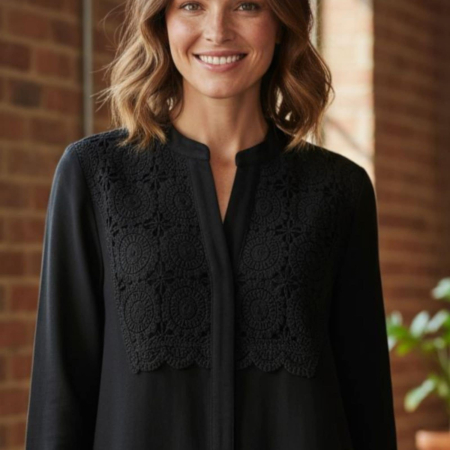 Bluza Neagra din In cu Placa la Bust din Macrame pentru Sezon Rece [1]