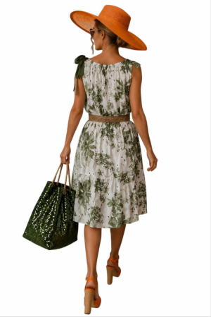 Rochie din bumbac cu model perforat pe fond alb si imprimeu floral verde [2]