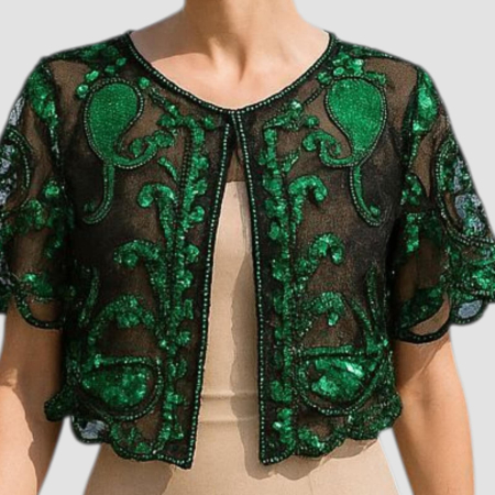 Bolero elegant din Tulle Negru Brodat cu Paiete Verzi Stralucitoare [2]