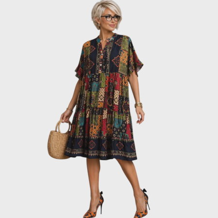 Imbracaminte - Rochie croi larg cu imprimeu  patchwork multicolor si volane