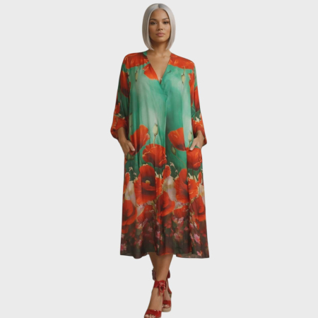 Rochii satin - Rochie din satin croi larg cu imprimeu floral maci rosii pe fundal verde