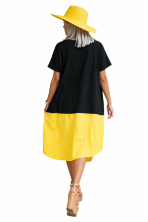 Rochie din bumbac cu bordura galbena si imprimeu colorat cu pietre argintii [1]