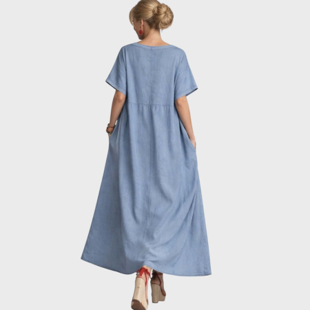 Rochie lunga din denim fin cu flori pictate si pietre colorate [2]