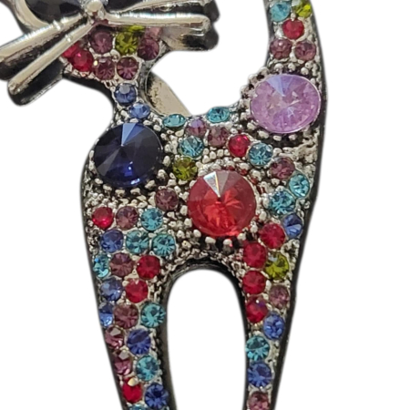 Brosa in forma de pisica din metal argintiu inoxidabil cu pietre colorate [1]