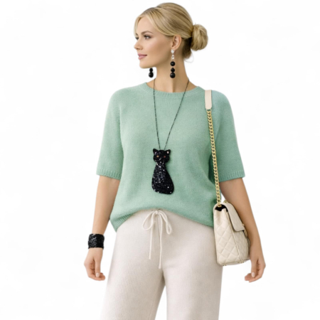 Pulovere - Pulover tricotat verde salvie placut la atingere cu maneci scurte