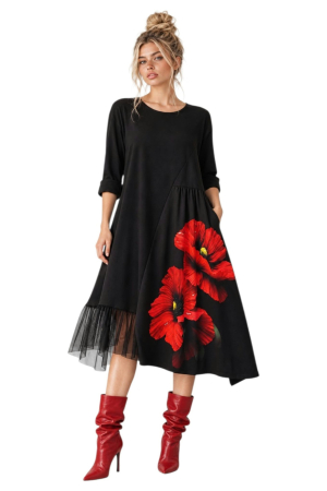 Rochii sezon rece - Rochie din bumbac cu imprimeu  floare de mac si tulle