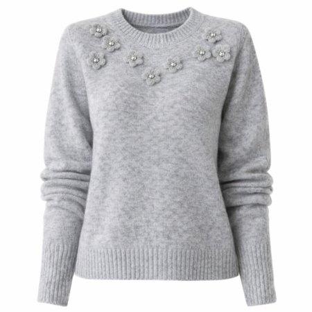 Pulover pufos gri cu aplicatii flori cu pietre argintii la decolteu [2]