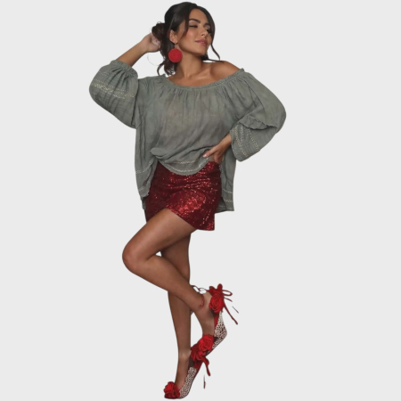 Bluze in - Bluza verde kaki  din in croi larg si volane la maneci