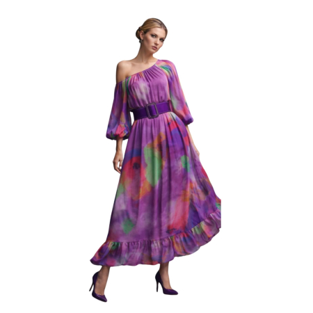 Rochie maxi mov imprimeu artistic multicolor croi amplu cu volan [1]