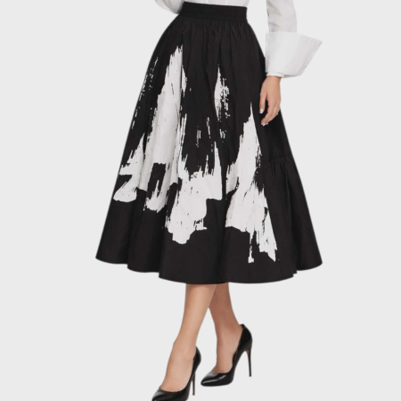 Fusta din bumbac cu imprimeu artistic si croi alb cu buzunare [2]