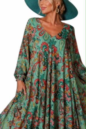 Rochie din matase asimetrica cu imprimeu arabesc si buzunare [2]
